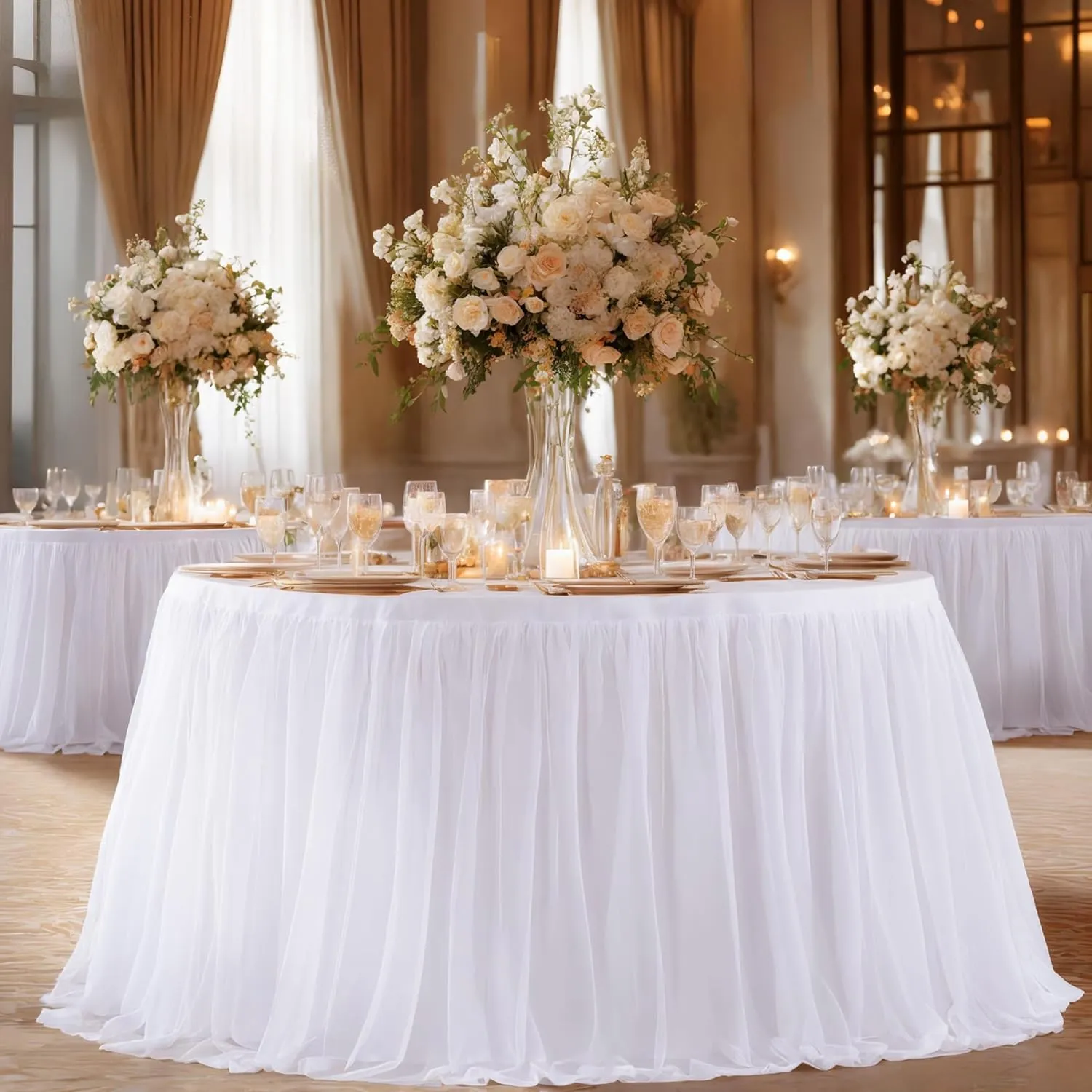 White Tulle Tablecloths 72 Inch Round Tutu Table Skirt Ruffle Spandex White Round Table Cloth Wrinkle Free Stretch Fitted Tulle Cover for Wedding Birthday Baby Bridal Shower Party Cake Decor