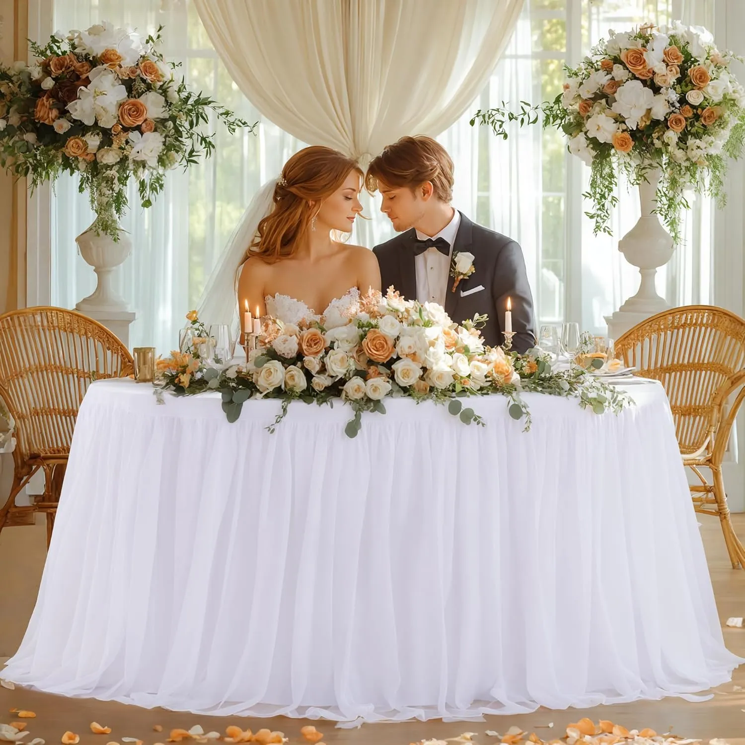 White Tulle Tablecloths 72 Inch Round Tutu Table Skirt Ruffle Spandex White Round Table Cloth Wrinkle Free Stretch Fitted Tulle Cover for Wedding Birthday Baby Bridal Shower Party Cake Decor