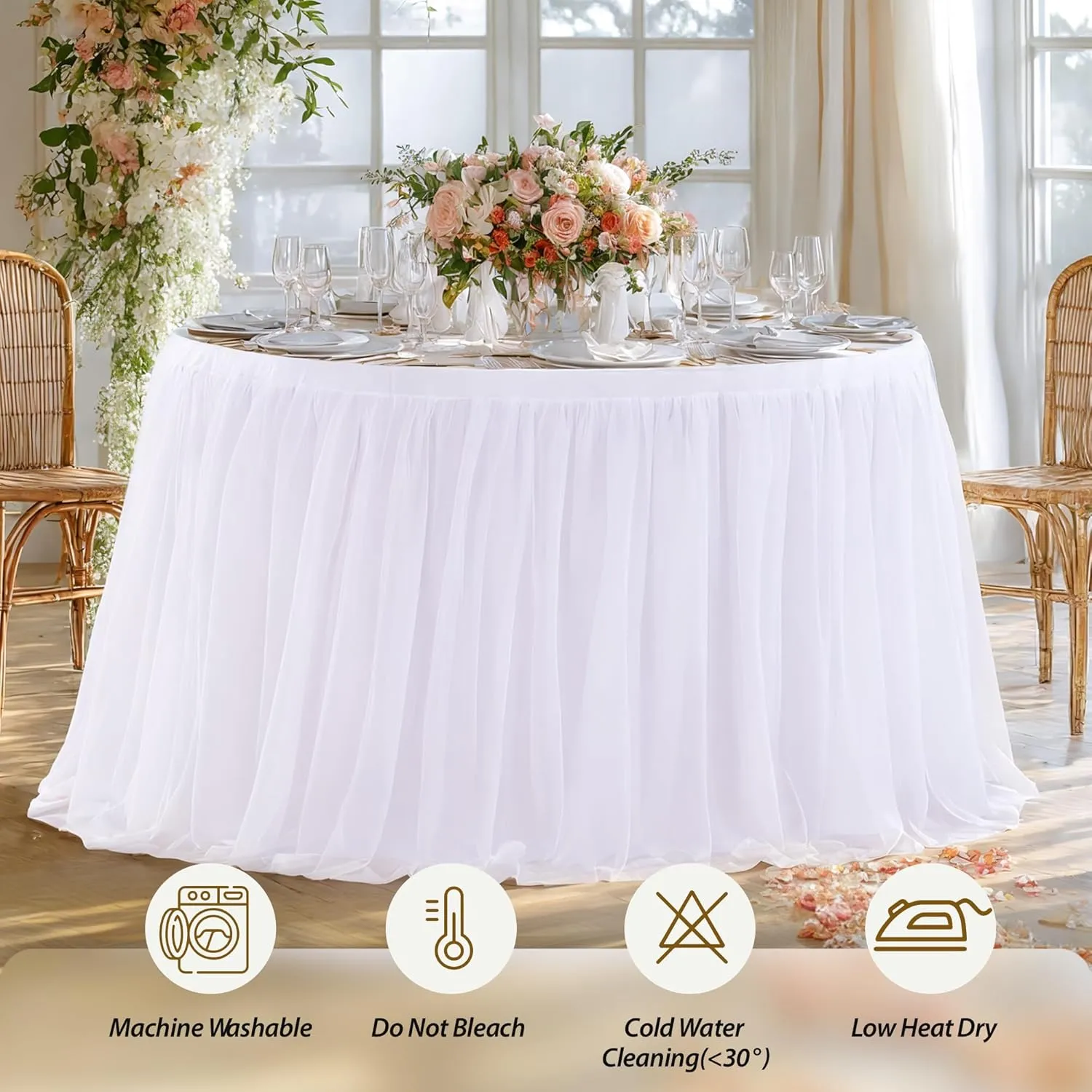 White Tulle Tablecloths 72 Inch Round Tutu Table Skirt Ruffle Spandex White Round Table Cloth Wrinkle Free Stretch Fitted Tulle Cover for Wedding Birthday Baby Bridal Shower Party Cake Decor