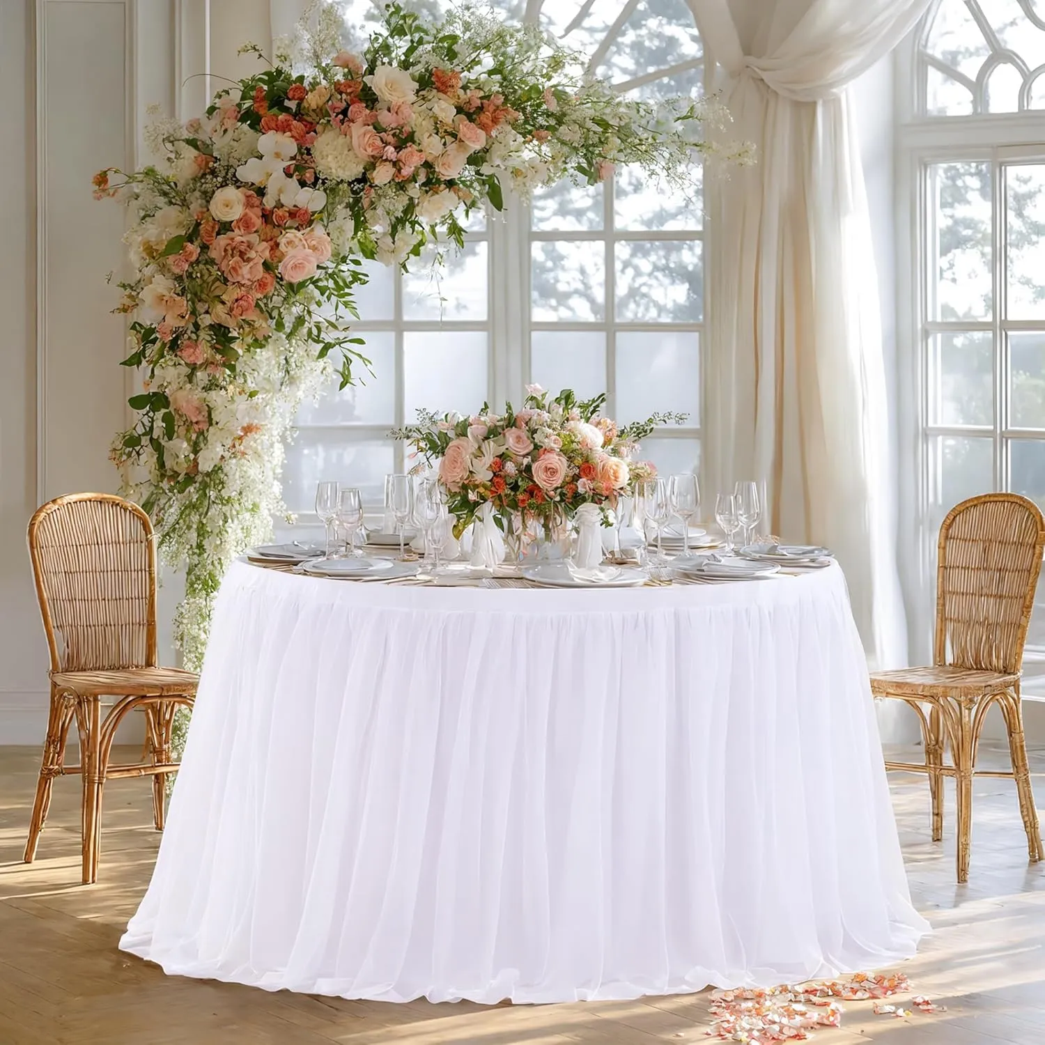 White Tulle Tablecloths 72 Inch Round Tutu Table Skirt Ruffle Spandex White Round Table Cloth Wrinkle Free Stretch Fitted Tulle Cover for Wedding Birthday Baby Bridal Shower Party Cake Decor