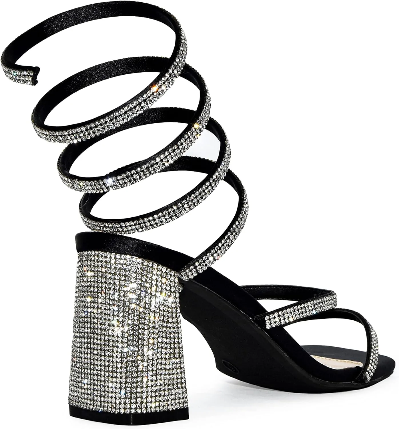 Wild Diva Rhinestone Spiral Ankle Strap Square Toe Low Block Heels