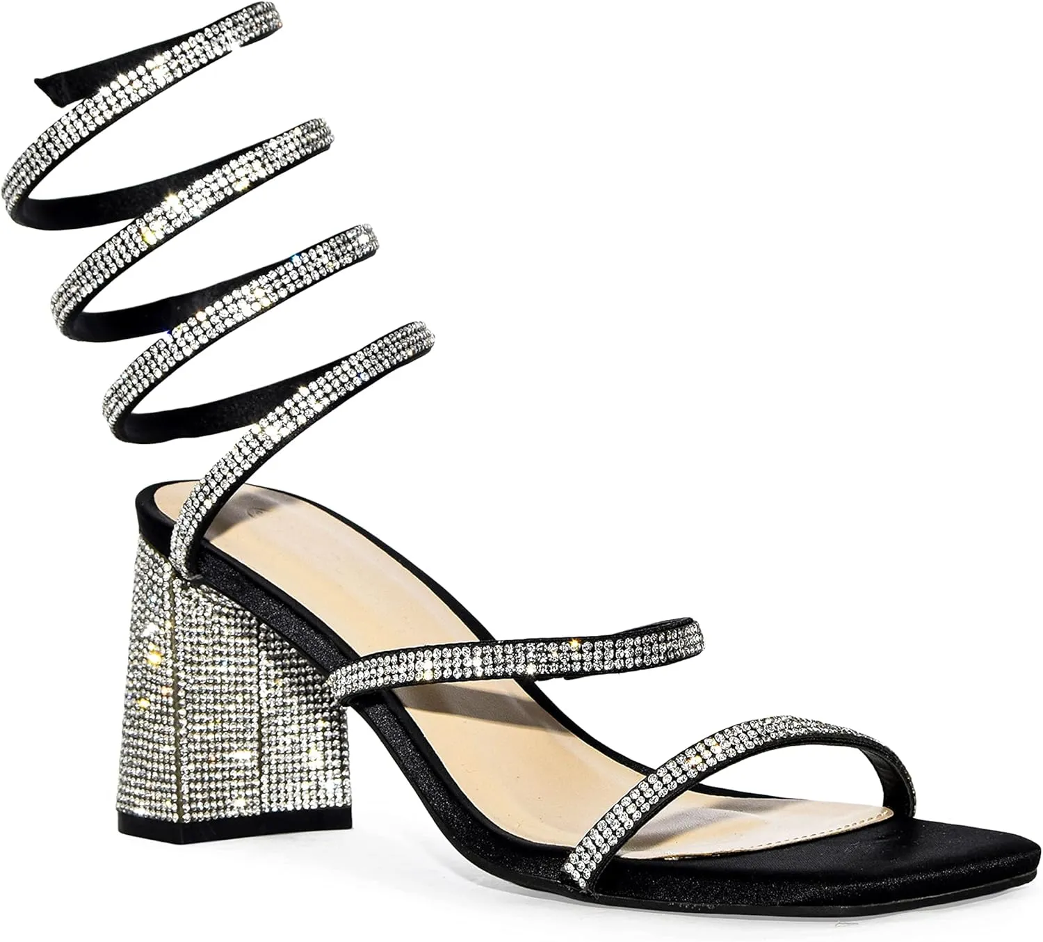 Wild Diva Rhinestone Spiral Ankle Strap Square Toe Low Block Heels