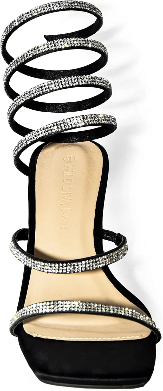 Wild Diva Rhinestone Spiral Ankle Strap Square Toe Low Block Heels
