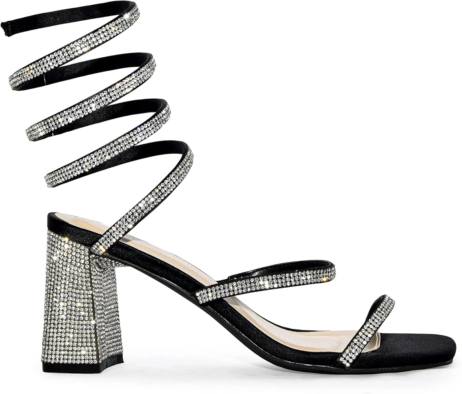 Wild Diva Rhinestone Spiral Ankle Strap Square Toe Low Block Heels
