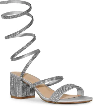 Wild Diva Satin Rhinestone Spiral Ankle Strap Low Block Heels
