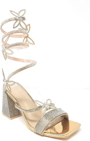 Wild Diva Women's Adams-07 Embellished Rhinestone Butterfly Spiral Coil Wrap Around Chunky Heels