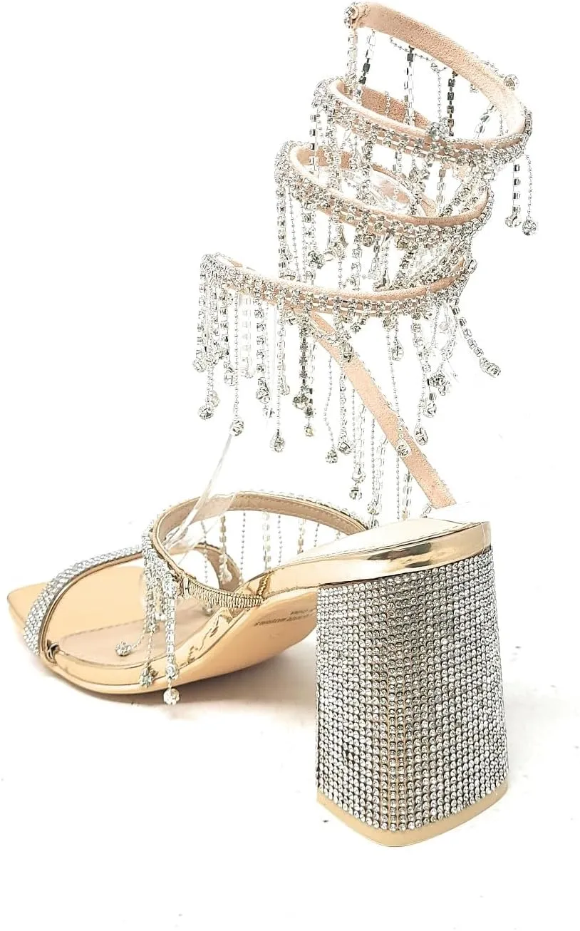 Wild Diva Women's Molla-01 Chandelier Embellished Rhinestone Spiral Coil Wrap Around Chunky Block Heels