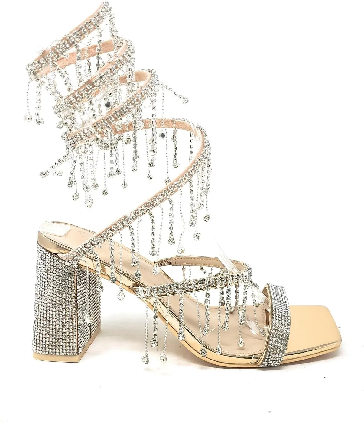 Wild Diva Women's Molla-01 Chandelier Embellished Rhinestone Spiral Coil Wrap Around Chunky Block Heels