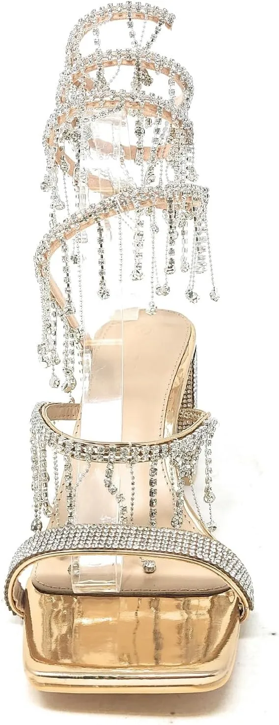 Wild Diva Women's Molla-01 Chandelier Embellished Rhinestone Spiral Coil Wrap Around Chunky Block Heels