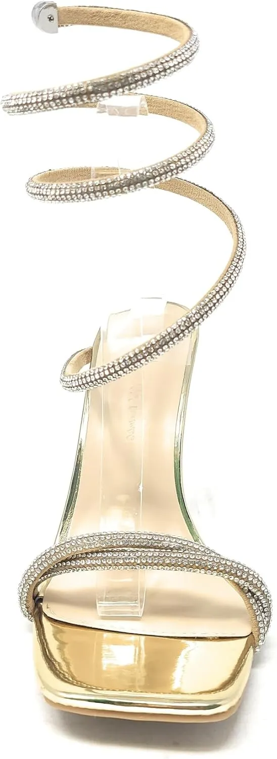 Wild Diva Women's Square Toe Rhinestone Embellished Straps Formal Stiletto High Heels Flair-06