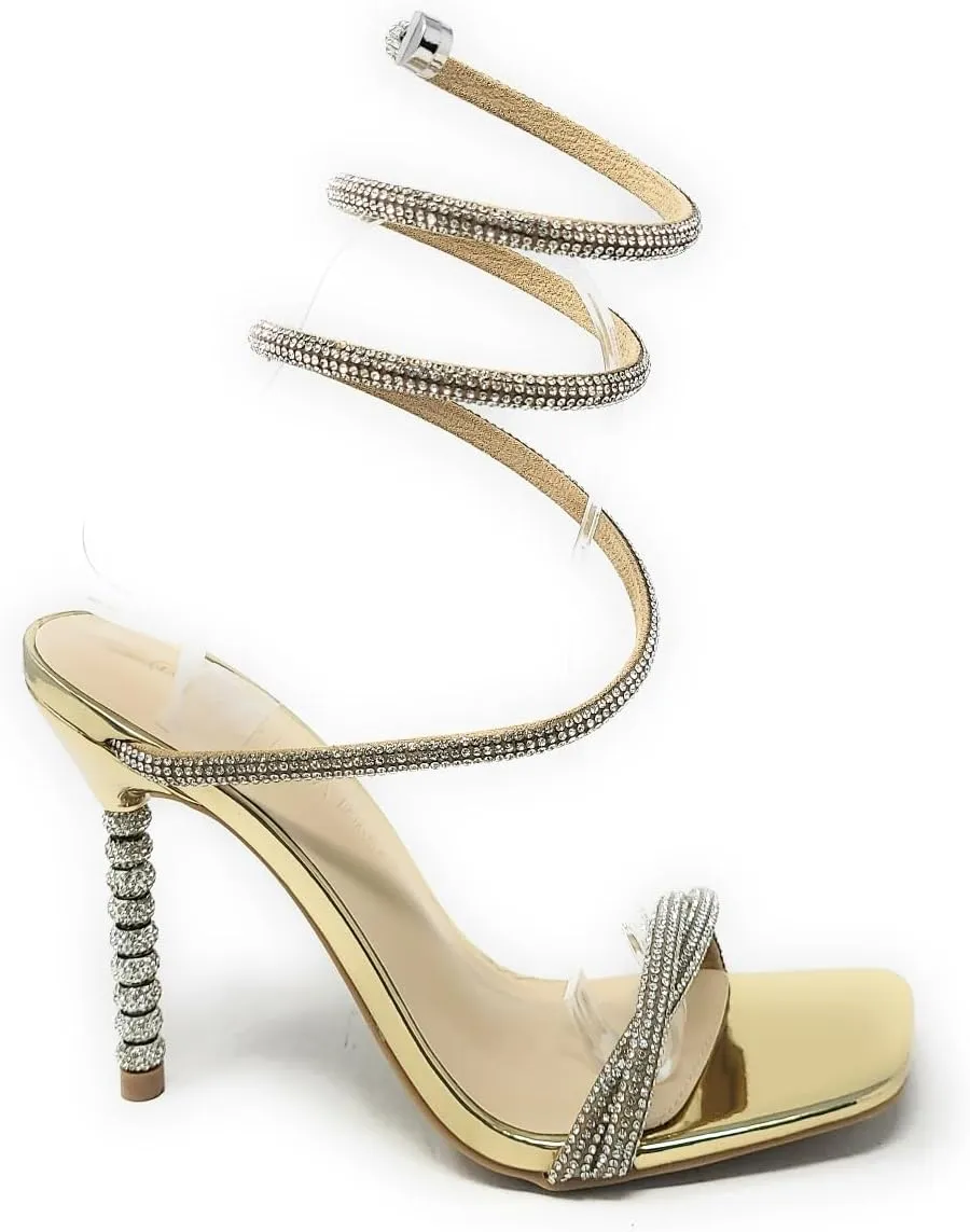 Wild Diva Women's Square Toe Rhinestone Embellished Straps Formal Stiletto High Heels Flair-06