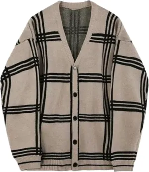 WOLONG Men's Cardigan Plaid Knit Spring & Autumn Trend, Handsome & Loose Fitting, V-Neck, Korean Style