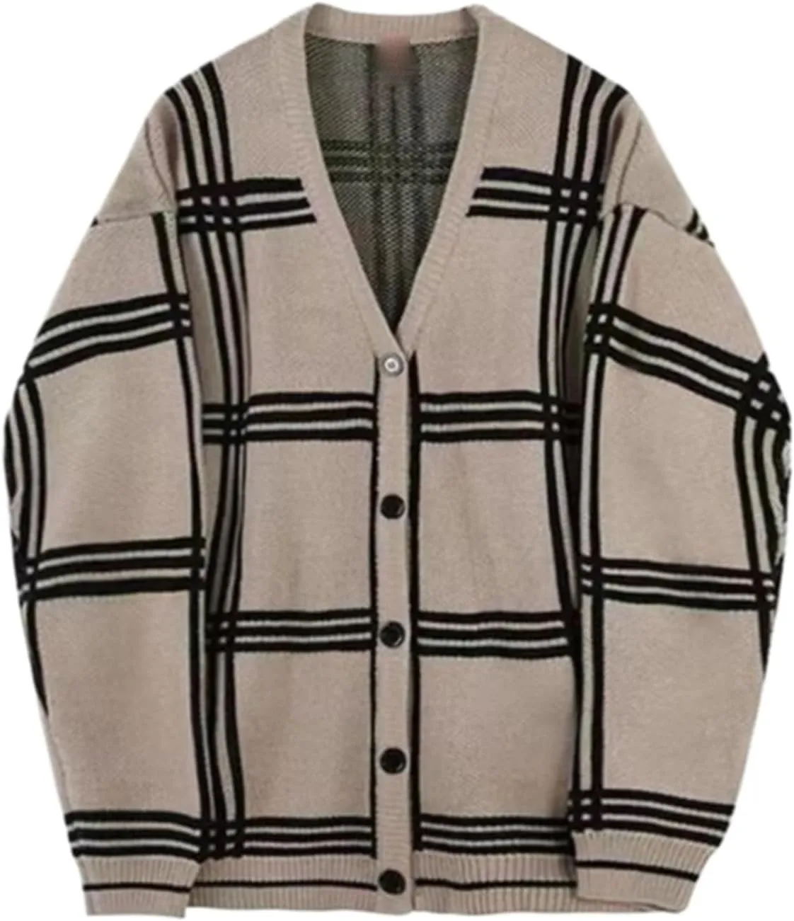 WOLONG Men's Cardigan Plaid Knit Spring & Autumn Trend, Handsome & Loose Fitting, V-Neck, Korean Style