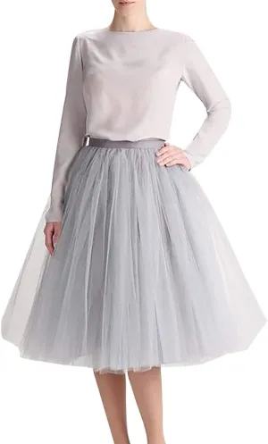 Women 5 Layers Tulle Skirt - Tea Length High Waist Bridal Midi Skirt Tutu forWedding Party Evening