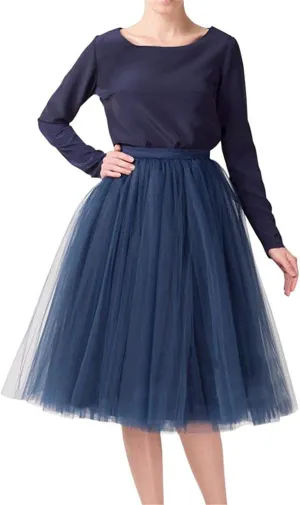 Women 5 Layers Tulle Skirt - Tea Length High Waist Bridal Midi Skirt Tutu forWedding Party Evening