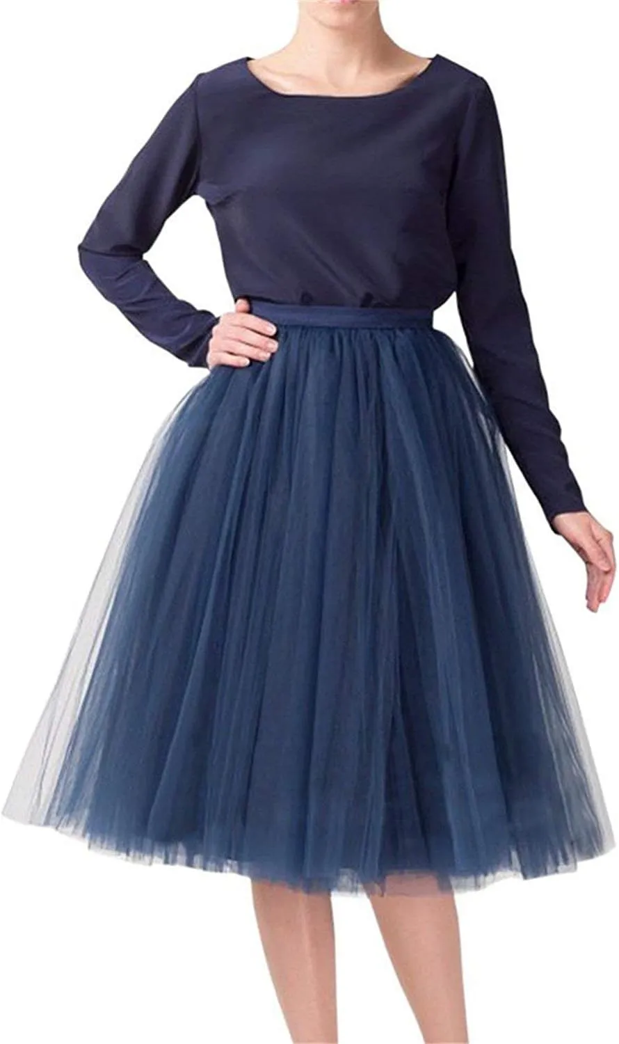 Women 5 Layers Tulle Skirt - Tea Length High Waist Bridal Midi Skirt Tutu forWedding Party Evening