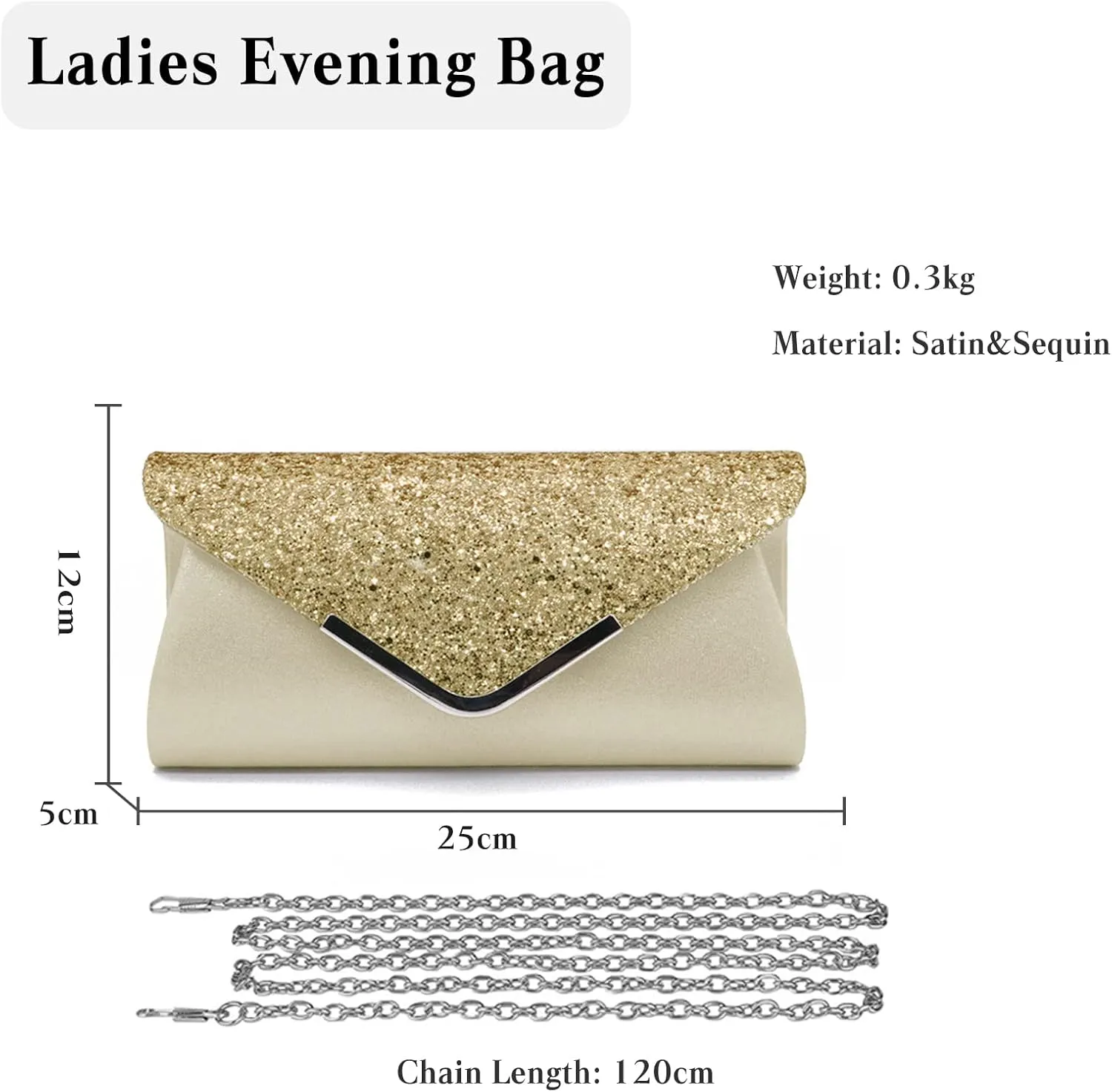 Women Envelope Clutch Bag Sequins Evening Bag Shiny Handbag with Detachable Chain Bridal Wedding Purse