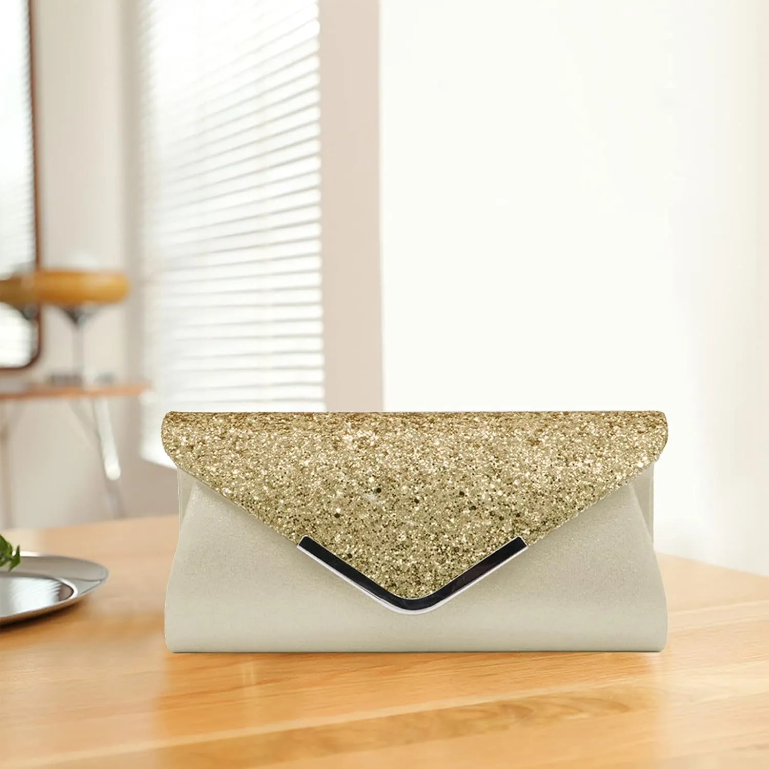 Women Envelope Clutch Bag Sequins Evening Bag Shiny Handbag with Detachable Chain Bridal Wedding Purse