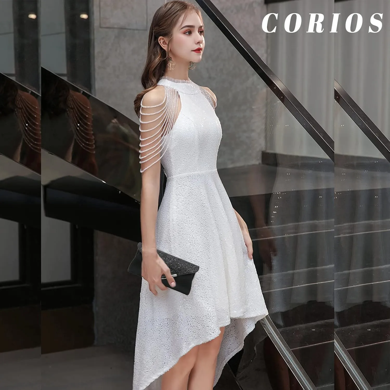 Women Envelope Clutch Bag Sequins Evening Bag Shiny Handbag with Detachable Chain Bridal Wedding Purse