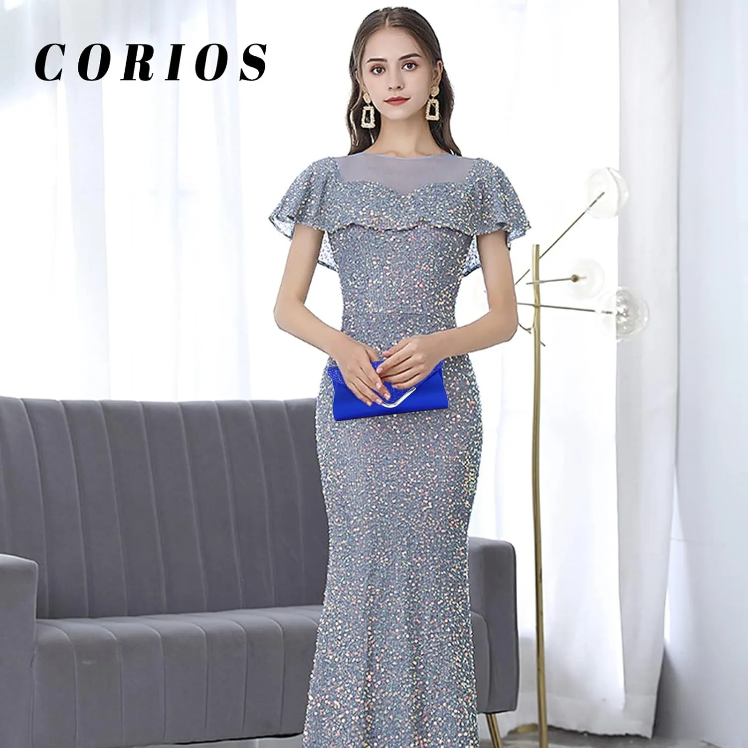 Women Envelope Clutch Bag Sequins Evening Bag Shiny Handbag with Detachable Chain Bridal Wedding Purse