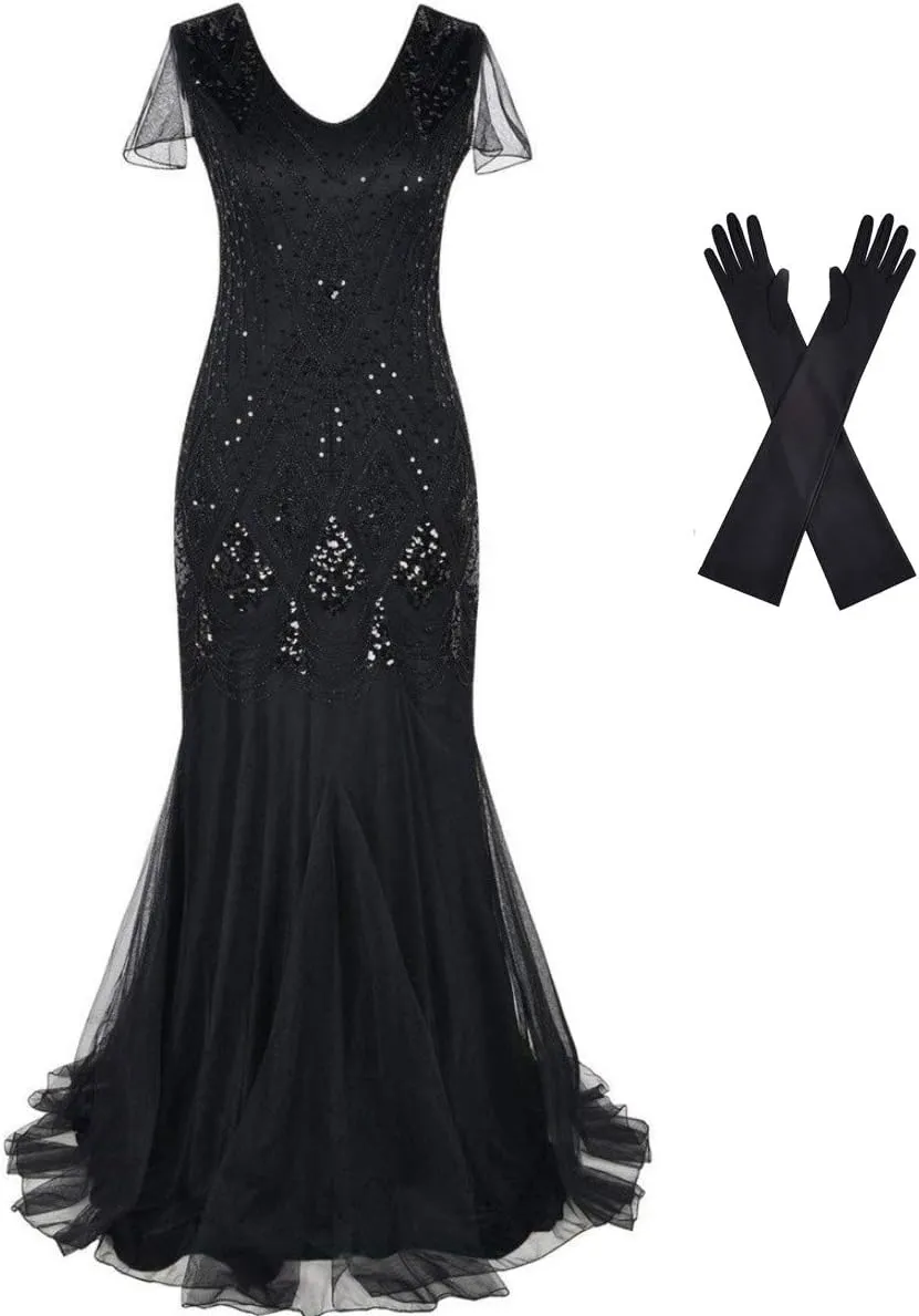 Women Evening Dress 1920s Flapper Cocktail Mermaid Plus Size Formal Gown with Long Gloves