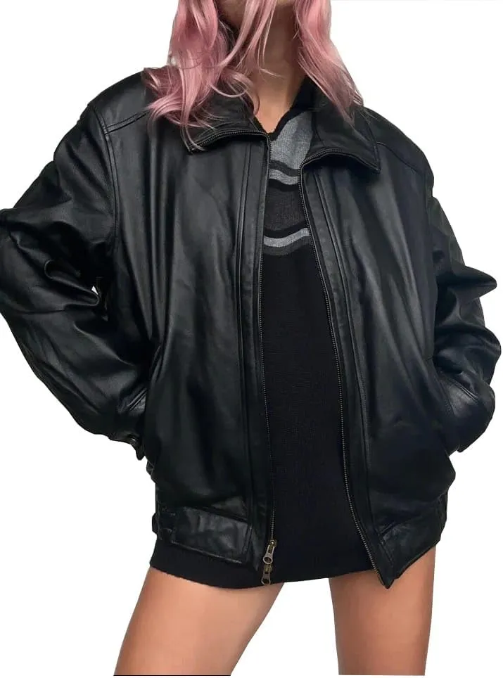 Women Handmade Oversize Bomber Genuine Leather Casual Wear Oversize Jacket