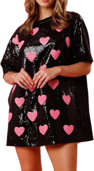 Women Heart Print Sequin Short Dress Short Sleeve Sparkly Glitter Shirt Dress Valentine’s Day Tunic Party Dress
