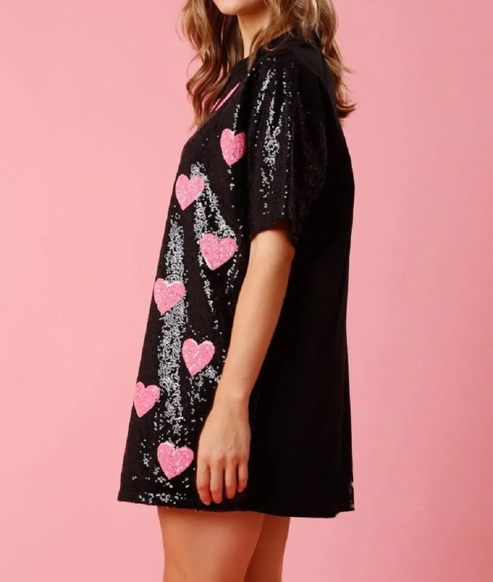 Women Heart Print Sequin Short Dress Short Sleeve Sparkly Glitter Shirt Dress Valentine’s Day Tunic Party Dress