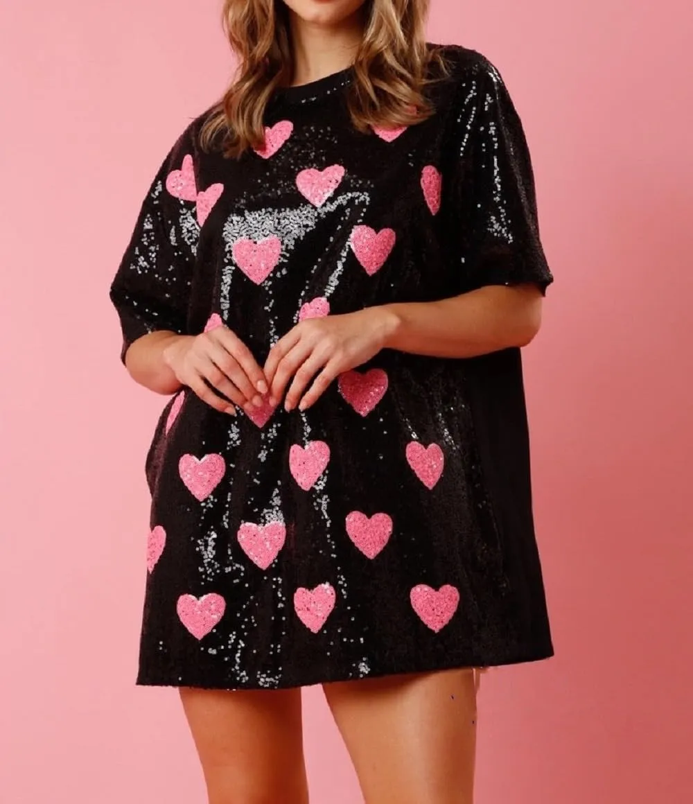 Women Heart Print Sequin Short Dress Short Sleeve Sparkly Glitter Shirt Dress Valentine’s Day Tunic Party Dress