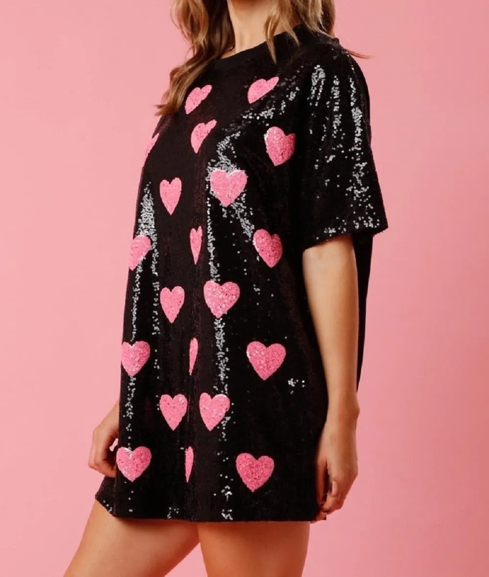 Women Heart Print Sequin Short Dress Short Sleeve Sparkly Glitter Shirt Dress Valentine’s Day Tunic Party Dress