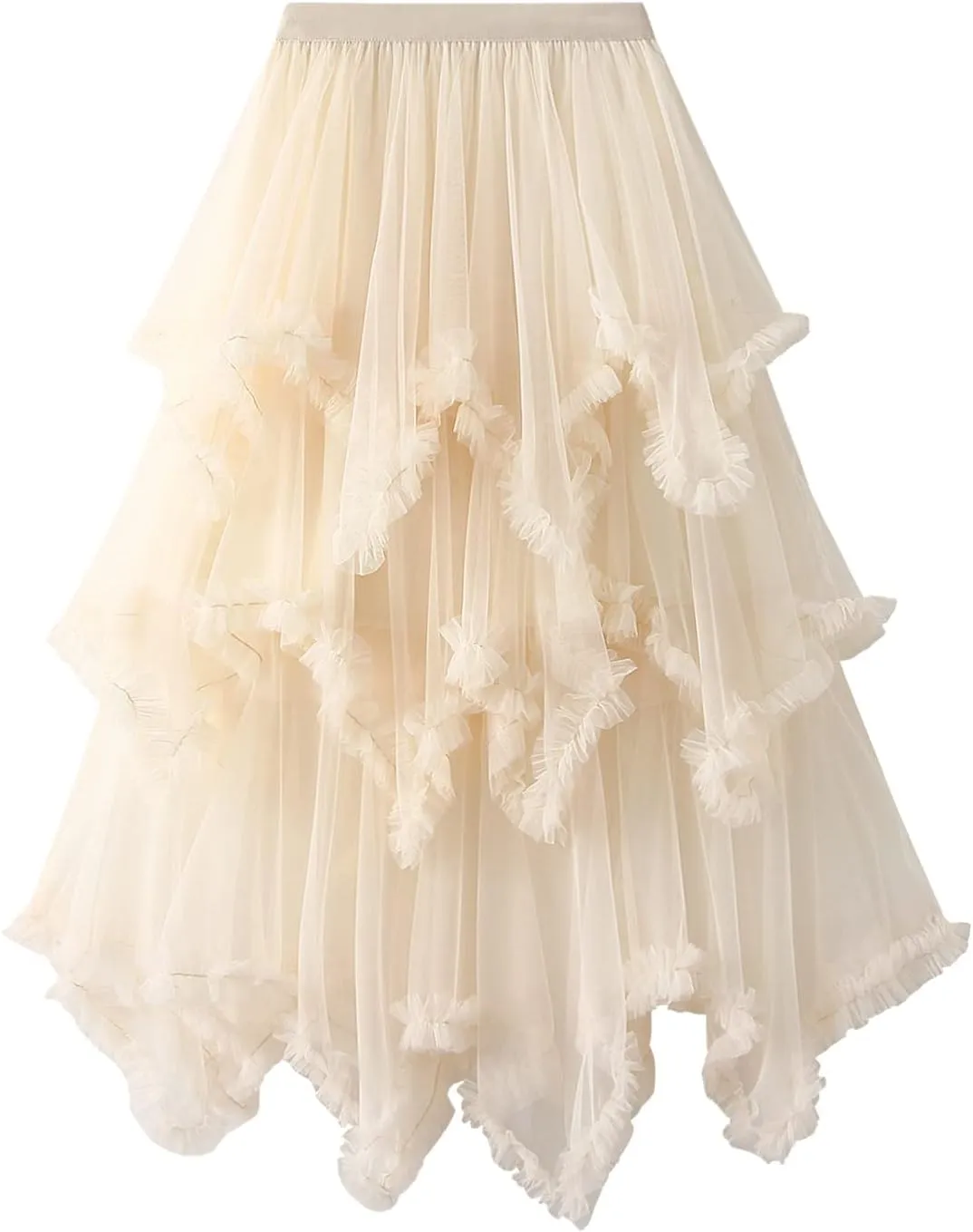 Women Layered Tulle Midi Skirt Frill Trim Ruffle Long Skirts