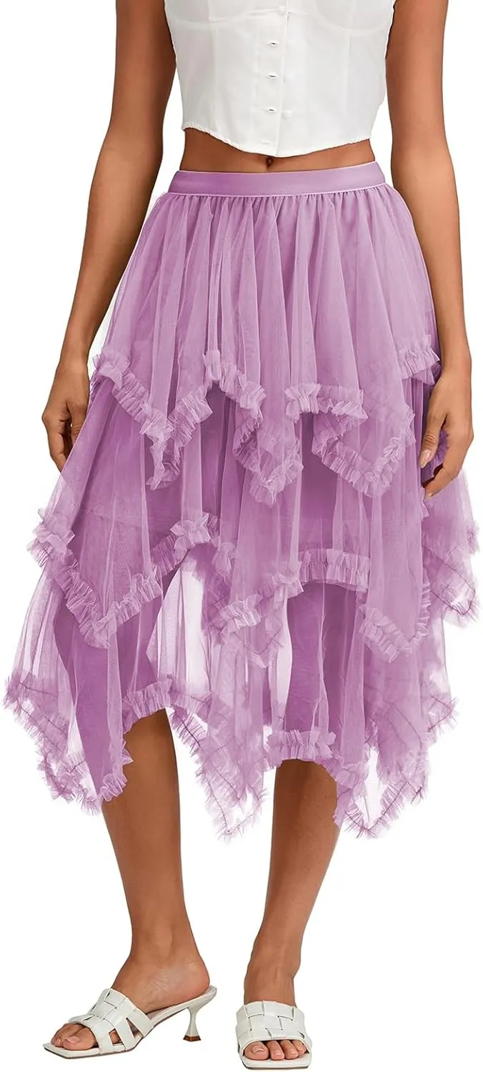 Women Layered Tulle Midi Skirt Frill Trim Ruffle Long Skirts