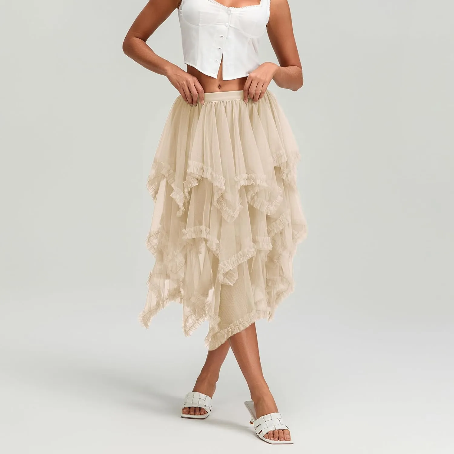 Women Layered Tulle Midi Skirt Frill Trim Ruffle Long Skirts