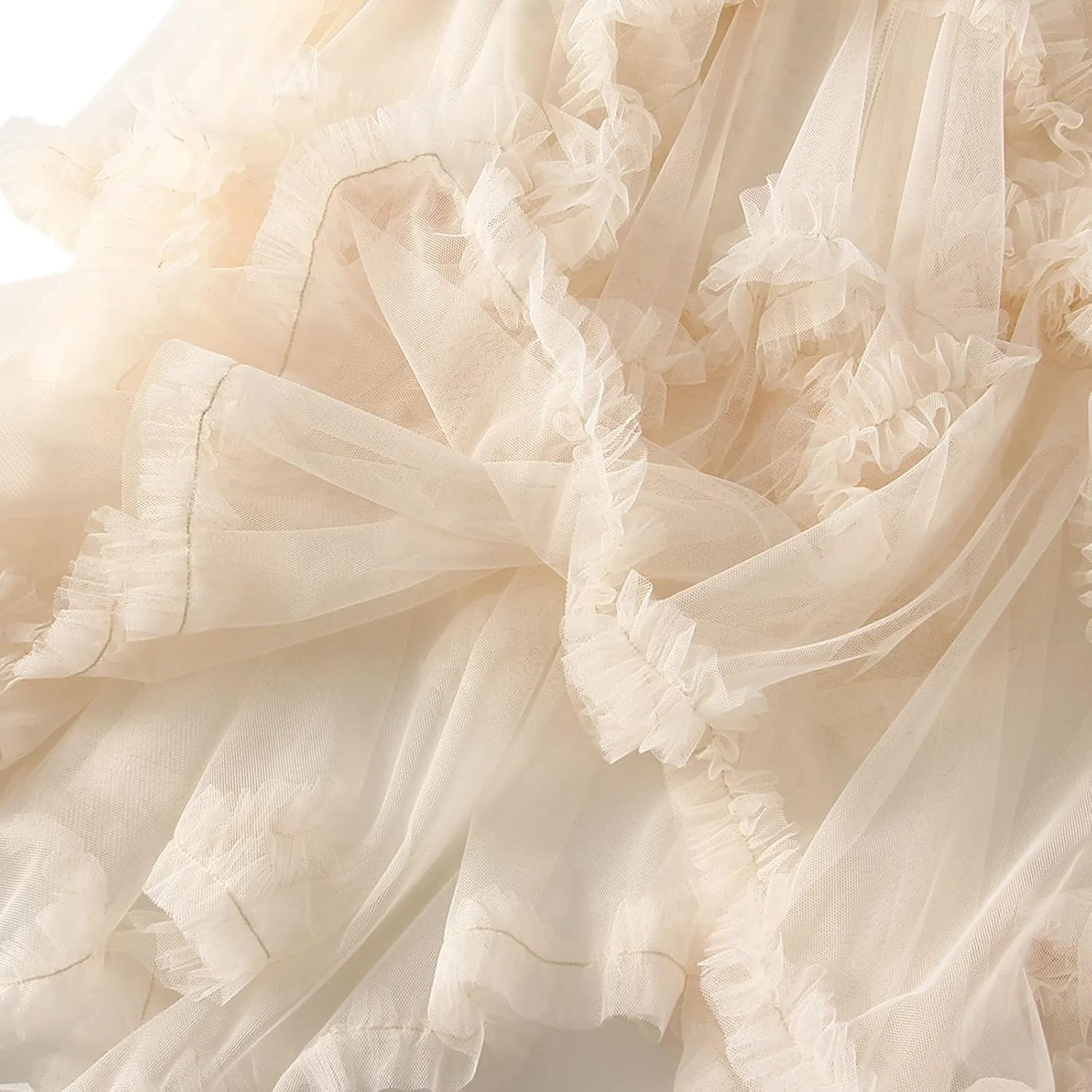 Women Layered Tulle Midi Skirt Frill Trim Ruffle Long Skirts