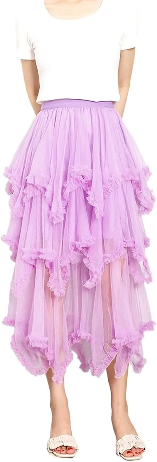 Women Layered Tulle Midi Skirt Frill Trim Ruffle Long Skirts