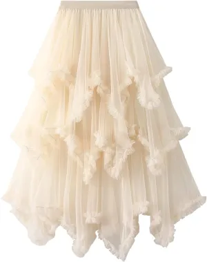 Women Layered Tulle Midi Skirt Frill Trim Ruffle Long Skirts