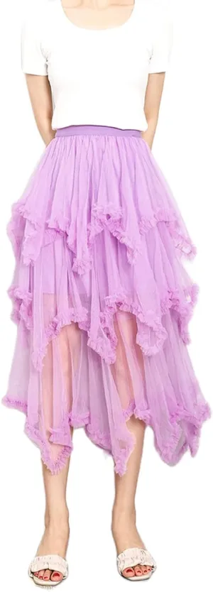 Women Layered Tulle Midi Skirt Frill Trim Ruffle Long Skirts