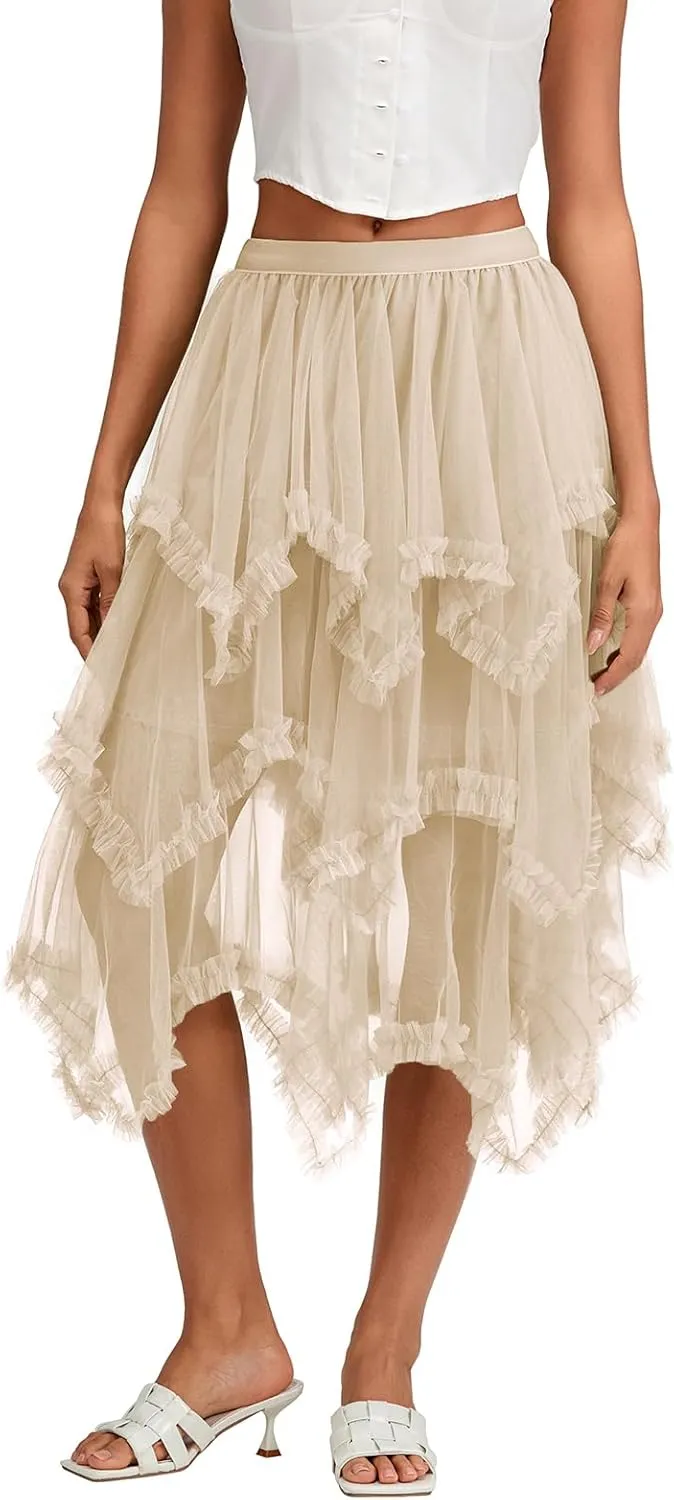 Women Layered Tulle Midi Skirt Frill Trim Ruffle Long Skirts