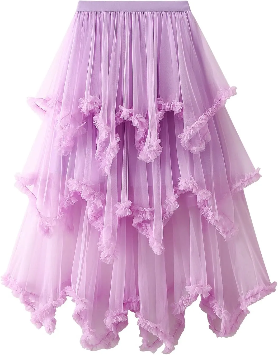 Women Layered Tulle Midi Skirt Frill Trim Ruffle Long Skirts