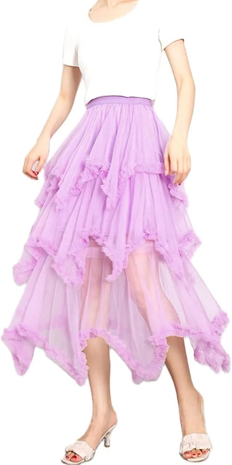Women Layered Tulle Midi Skirt Frill Trim Ruffle Long Skirts