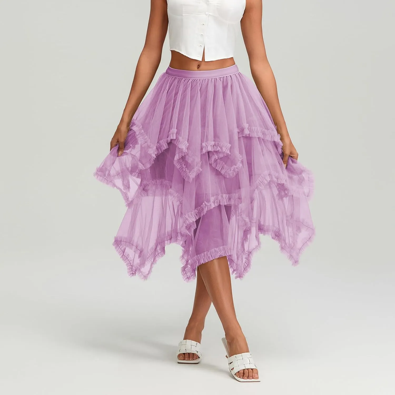 Women Layered Tulle Midi Skirt Frill Trim Ruffle Long Skirts