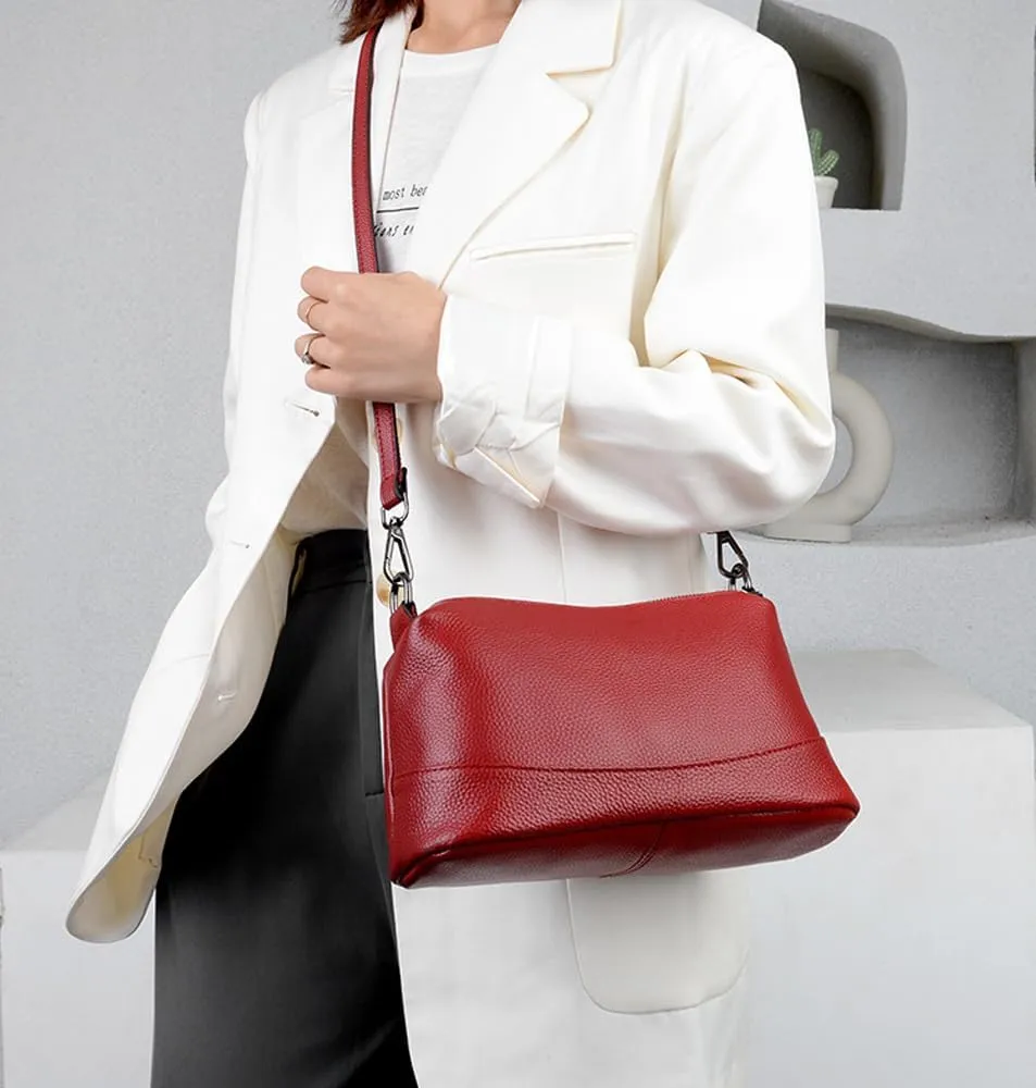 Women Leather Crossbody Bags Medium Size 3-Layer Shoulder Handbag Trendy Female Purse Bag