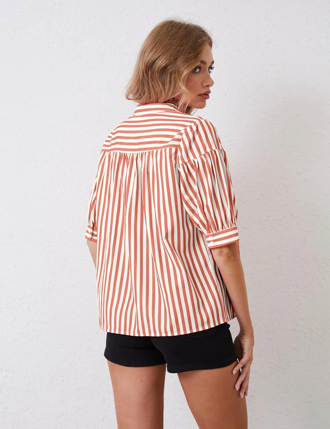 Women Puff Short Sleeve Blouses Striped V Neck Loose Business Casual Shirts Office Work Dressy T Shirt Tops