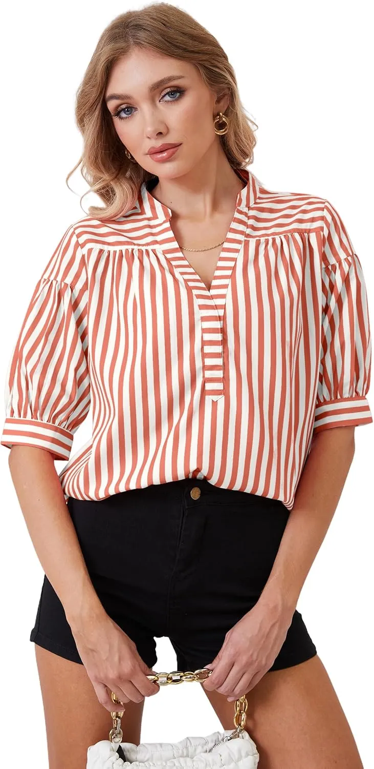 Women Puff Short Sleeve Blouses Striped V Neck Loose Business Casual Shirts Office Work Dressy T Shirt Tops
