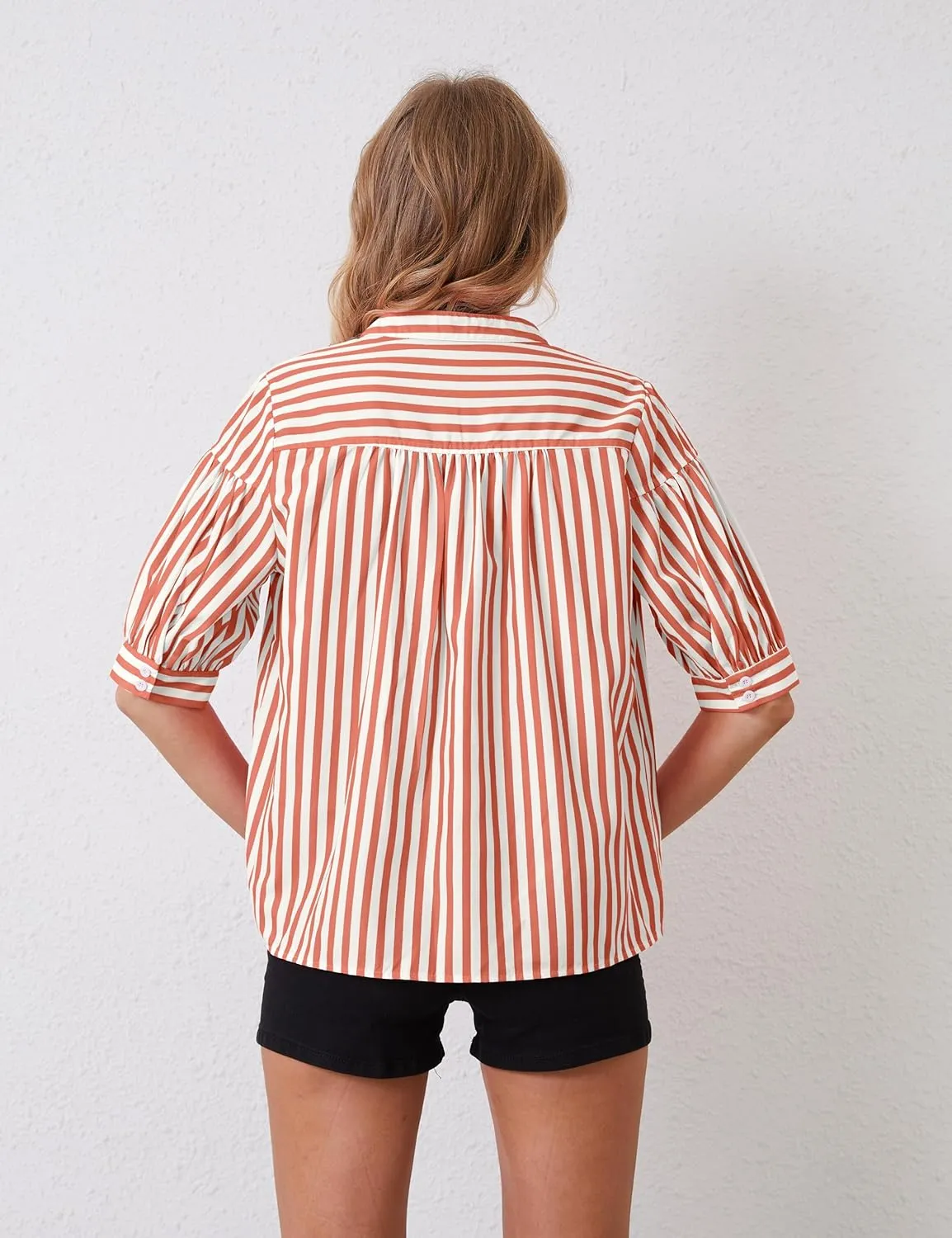 Women Puff Short Sleeve Blouses Striped V Neck Loose Business Casual Shirts Office Work Dressy T Shirt Tops
