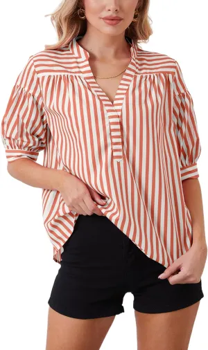 Women Puff Short Sleeve Blouses Striped V Neck Loose Business Casual Shirts Office Work Dressy T Shirt Tops