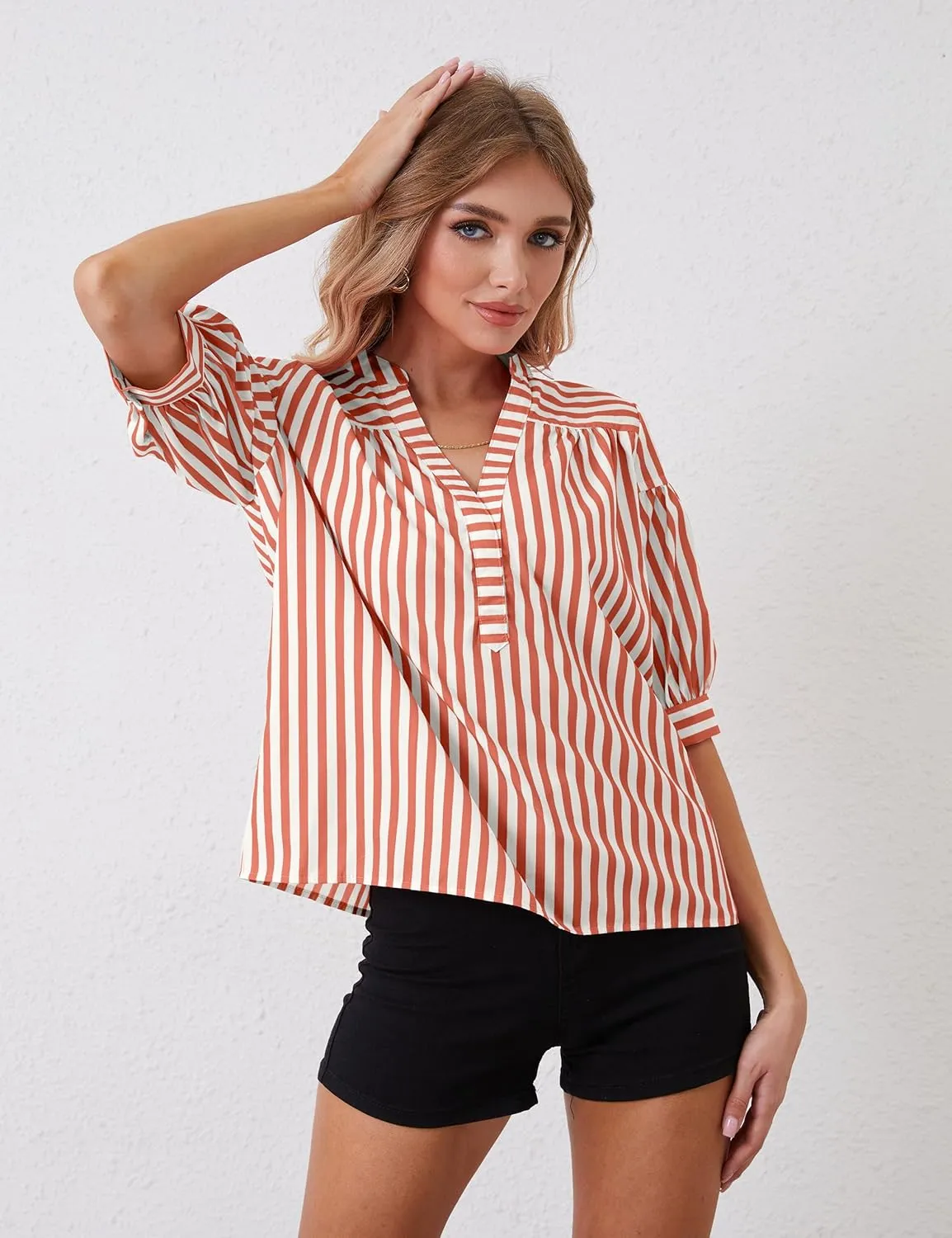 Women Puff Short Sleeve Blouses Striped V Neck Loose Business Casual Shirts Office Work Dressy T Shirt Tops