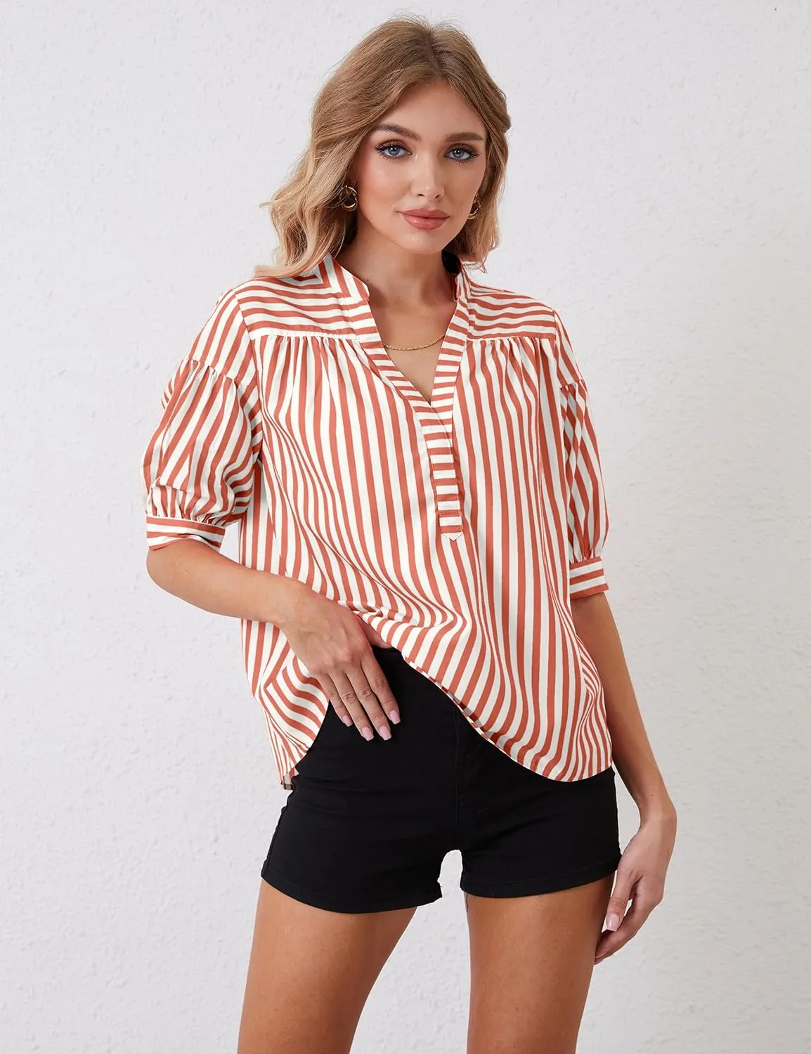 Women Puff Short Sleeve Blouses Striped V Neck Loose Business Casual Shirts Office Work Dressy T Shirt Tops