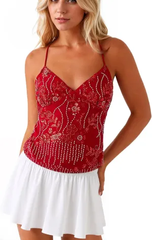 Women Sequin Cami Top Rhinestone Sparkle Sleeveless V Neck Camisole Open Back Summer Crop Top Party Clubwear