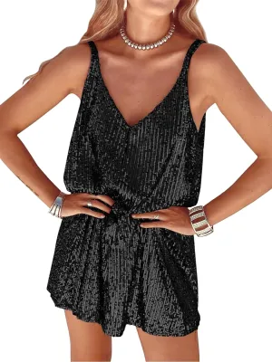 Women Sequin Sexy V Neck Shift Dress Sparkly Glitter Sleeveless Short Flowy Loose Party Night Out Club Dress